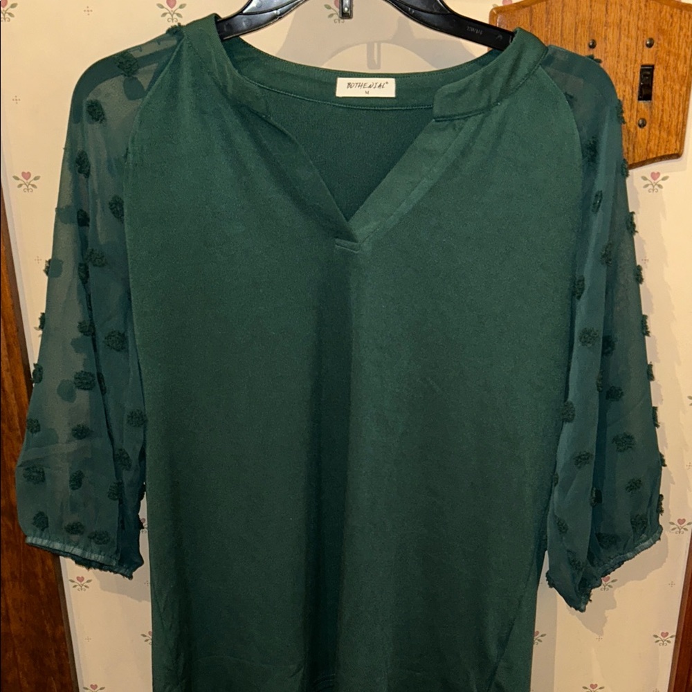 Bothenial Green Blouse with Sheer Sleeves